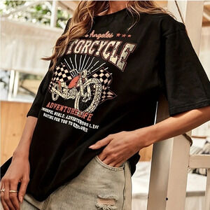 SHEIN Women’s SS Black graphic Los Angeles Motorcycle T-Shirt‎ 100% Cotton Small